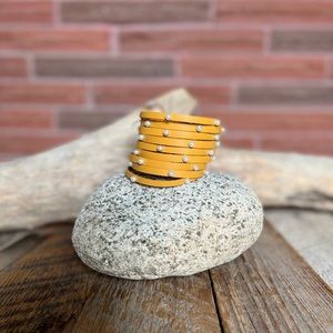 Handmade Yellow Leather Bracelet with White Pearls